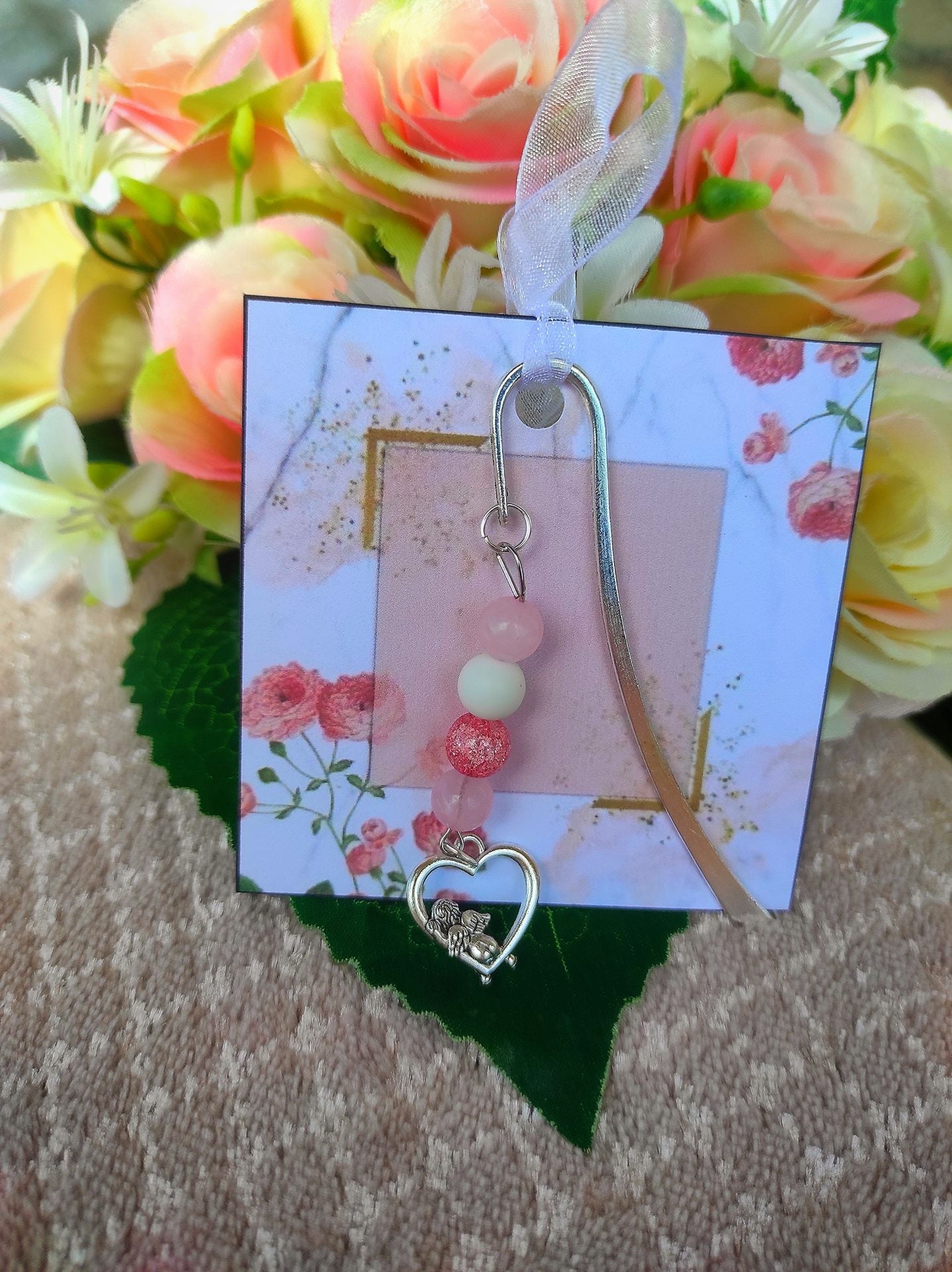 Szívecskés angyal rózsakvarc könyvjelző